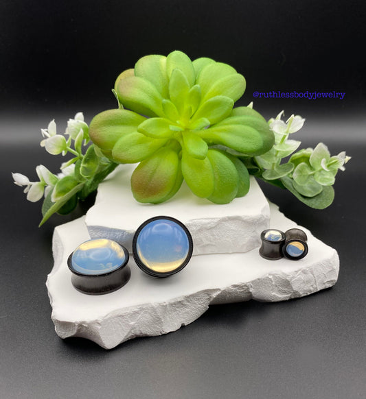 Opalite Stone Front Double Flared Ebony Wood Plugs (Pair)