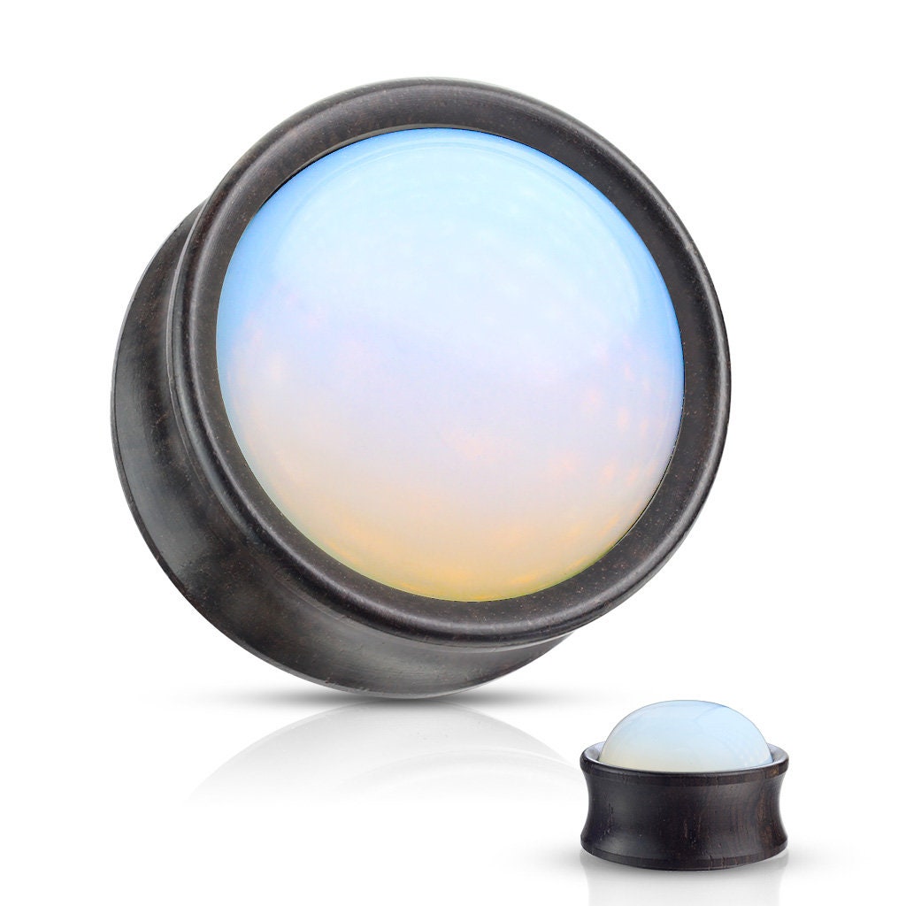 Opalite Stone Front Double Flared Ebony Wood Plugs (Pair)