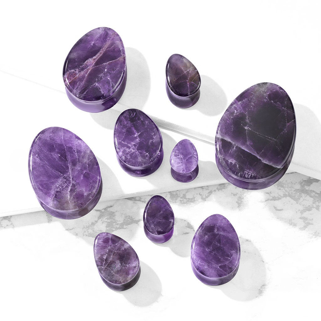 Double Flared Tear Drop Amethyst Stone Plugs (Pair)