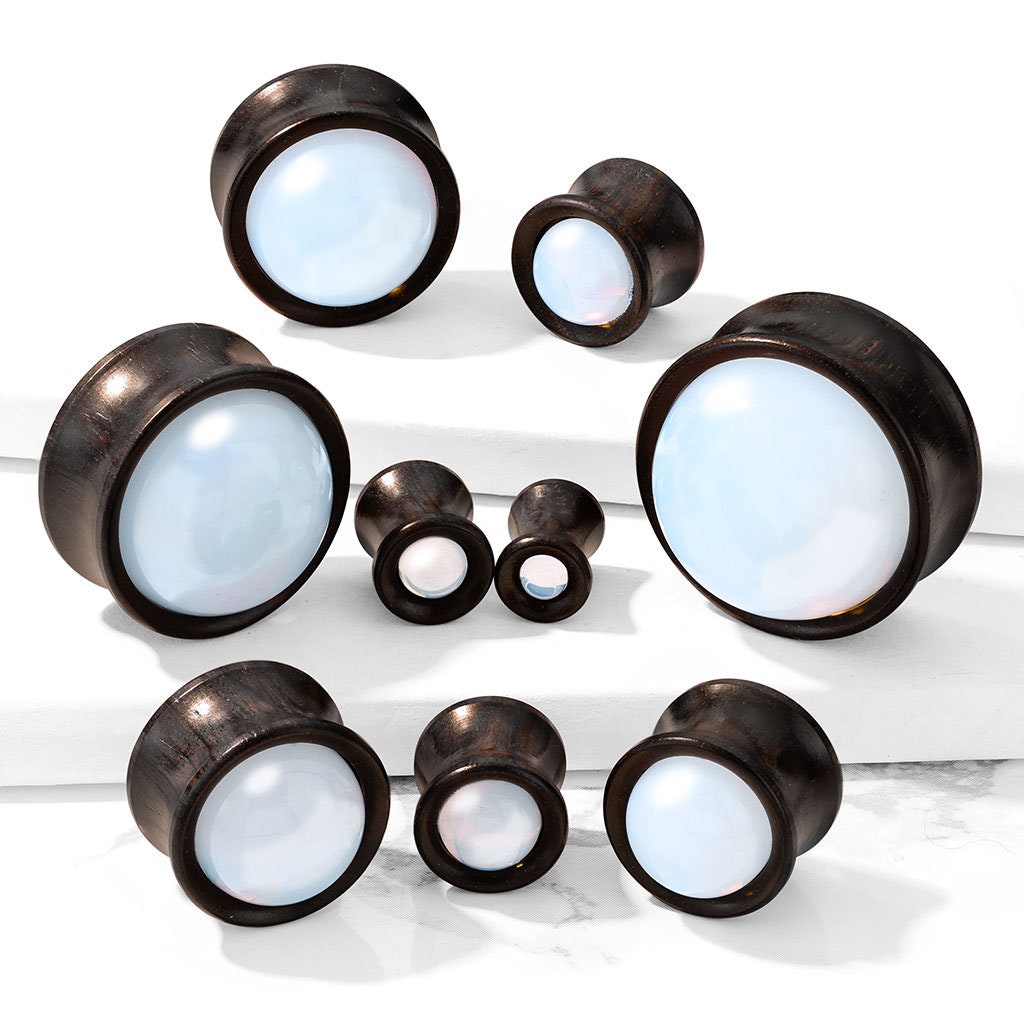 Opalite Stone Front Double Flared Ebony Wood Plugs (Pair)