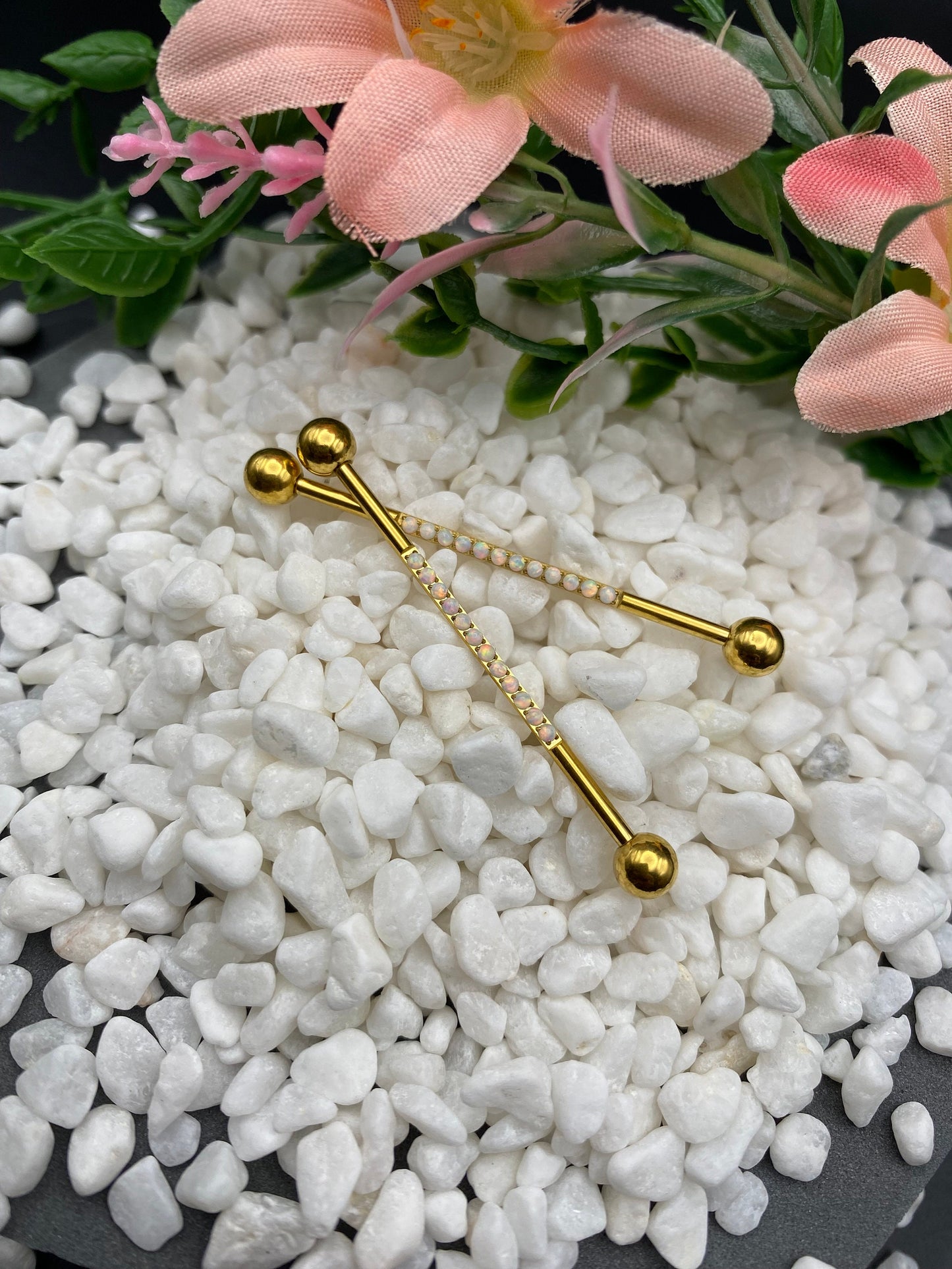 PVD Gold Titanium Externally Threaded Industrial Barbell With Opals