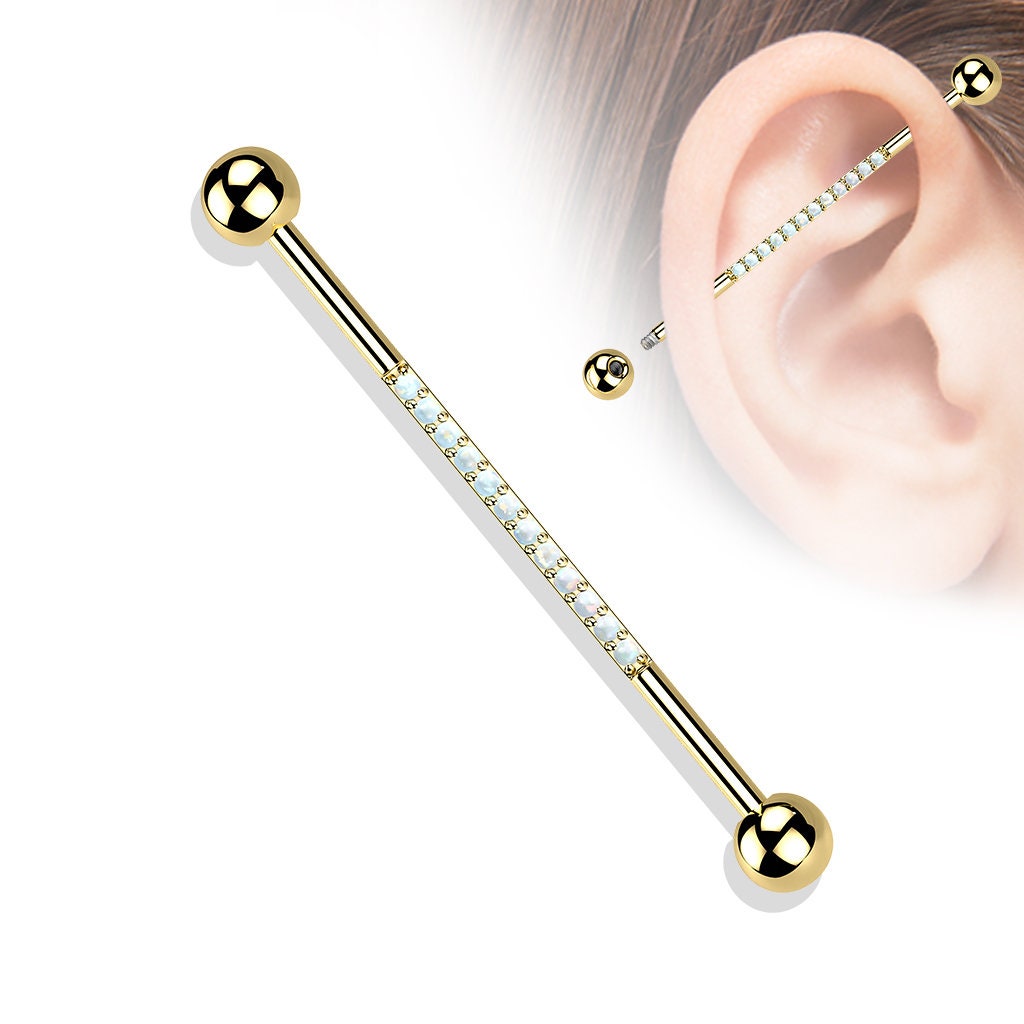 PVD Gold Titanium Externally Threaded Industrial Barbell With Opals