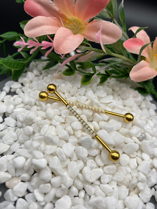 PVD Gold Titanium Externally Threaded Industrial Barbell With Opals