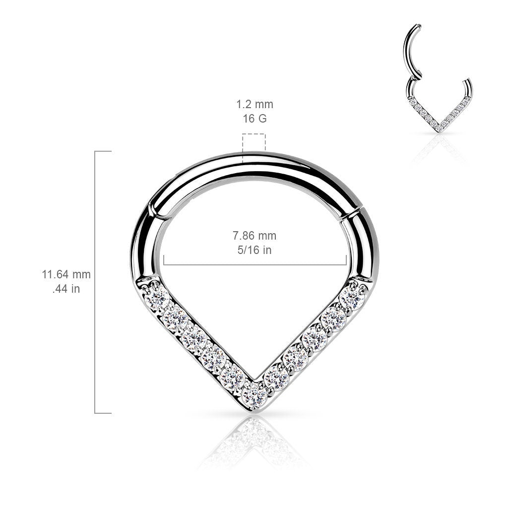 Titanium Hinged Chevron Septum Ring With Pave CZ 16G