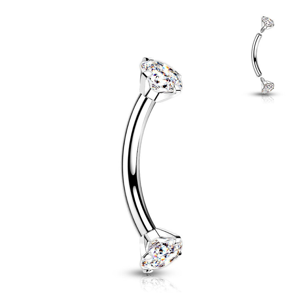 Titanium Internally Threaded Curved Barbell with Prong Set CZ 16G