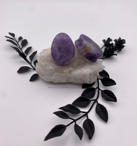 Double Flared Tear Drop Amethyst Stone Plugs (Pair)