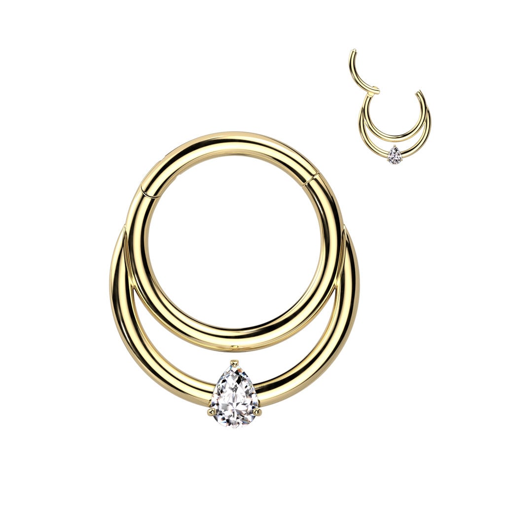 Titanium Hinged Tear Drop CZ Septum Ring PVD Gold 16G