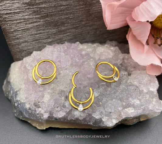 Titanium Hinged Tear Drop CZ Septum Ring PVD Gold 16G