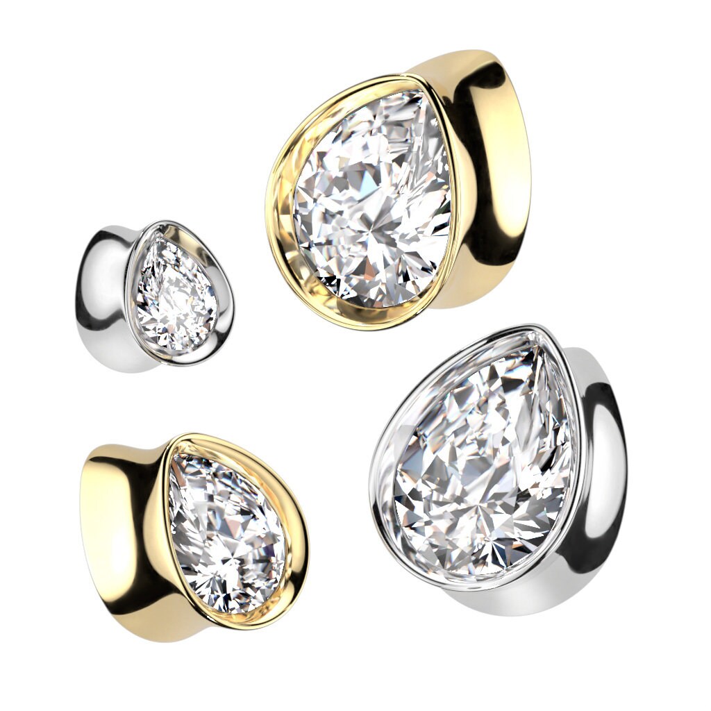 Double Flared CZ Tear Drop Steel Plugs in Silver or PVD Gold Finish (Pair)