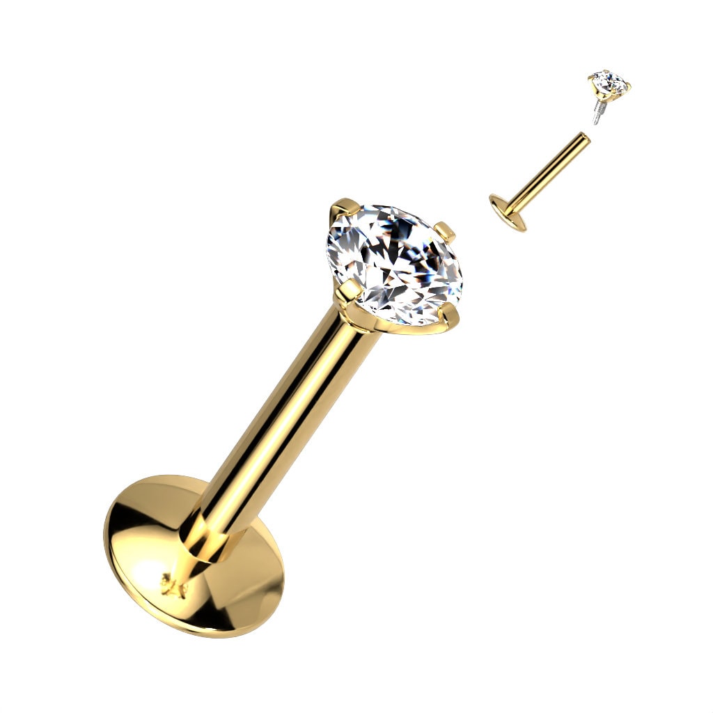 Titanium Internally Threaded Flatback/Labret with Prong or Bezel Setting CZ Tops - Titanium Silver or PVD Gold - 16G (Single)