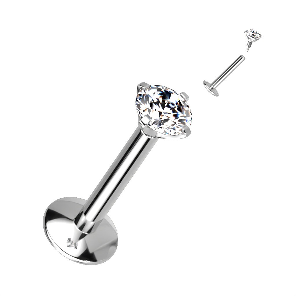 Titanium Internally Threaded Flatback/Labret with Prong or Bezel Setting CZ Tops - Titanium Silver or PVD Gold - 16G (Single)