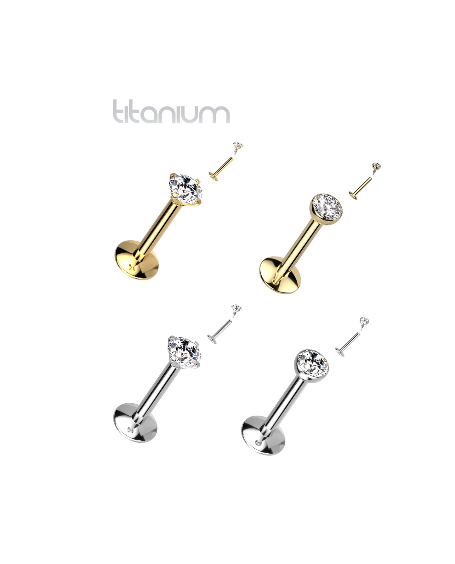 Titanium Internally Threaded Flatback/Labret with Prong or Bezel Setting CZ Tops - Titanium Silver or PVD Gold - 16G (Single)