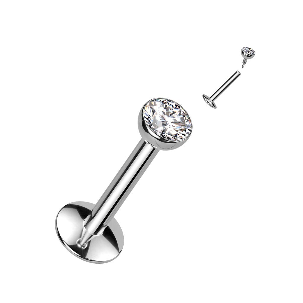 Titanium Internally Threaded Flatback/Labret with Prong or Bezel Setting CZ Tops - Titanium Silver or PVD Gold - 16G (Single)